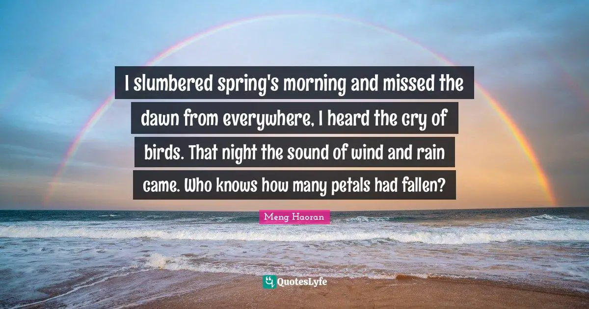 I slumbered spring's morning and missed the dawn from everywhere, I heard the cry of birds. That night the sound of wind and rain came. Who knows how many petals had fallen?