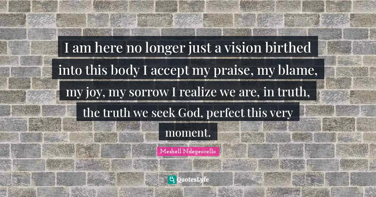I am here no longer just a vision birthed into this body I accept my praise, my blame, my joy, my sorrow I realize we are, in truth, the truth we seek God, perfect this very moment.