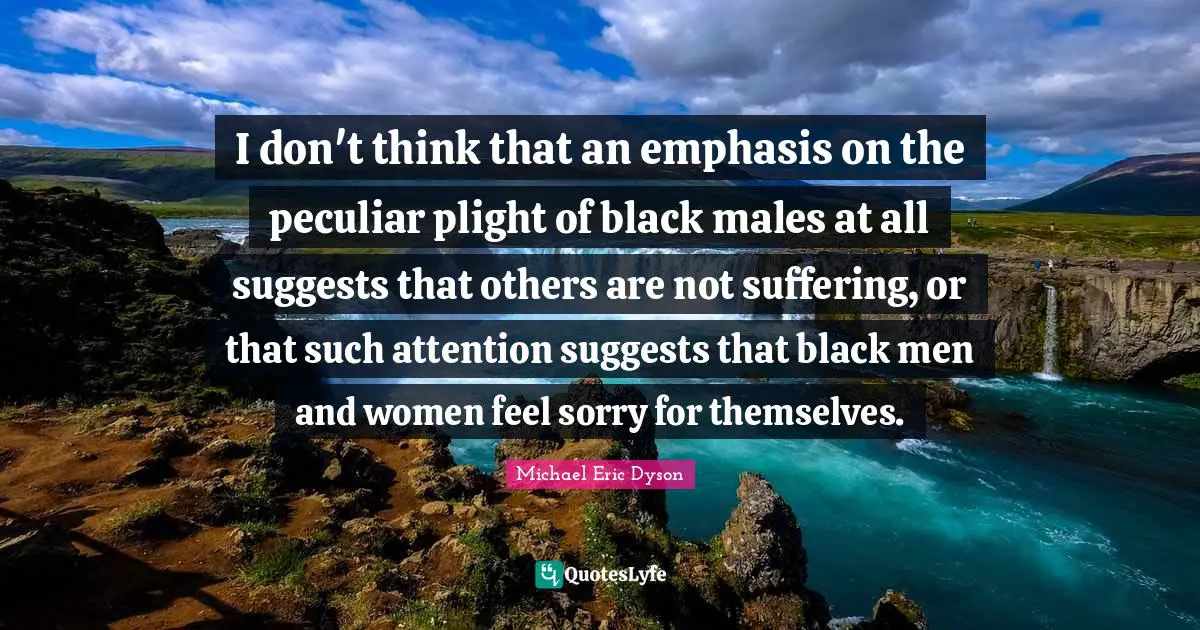 I don't think that an emphasis on the peculiar plight of black males at all suggests that others are not suffering, or that such attention suggests that black men and women feel sorry for themselves.