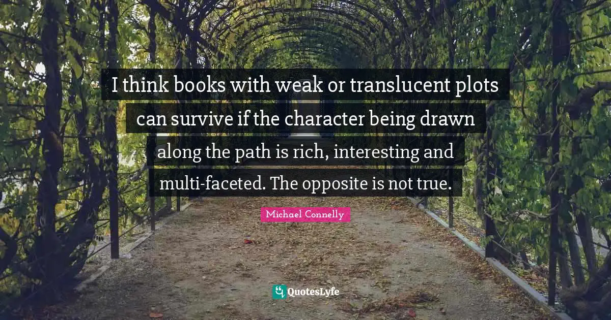 I think books with weak or translucent plots can survive if the character being drawn along the path is rich, interesting and multi-faceted. The opposite is not true.