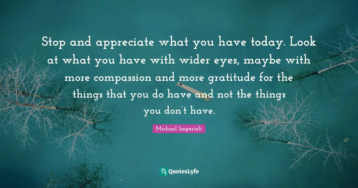 Stop and appreciate what you have today. Look at what you have with wider eyes, maybe with more compassion and more gratitude for the things that you do have and not the things you don’t have.
