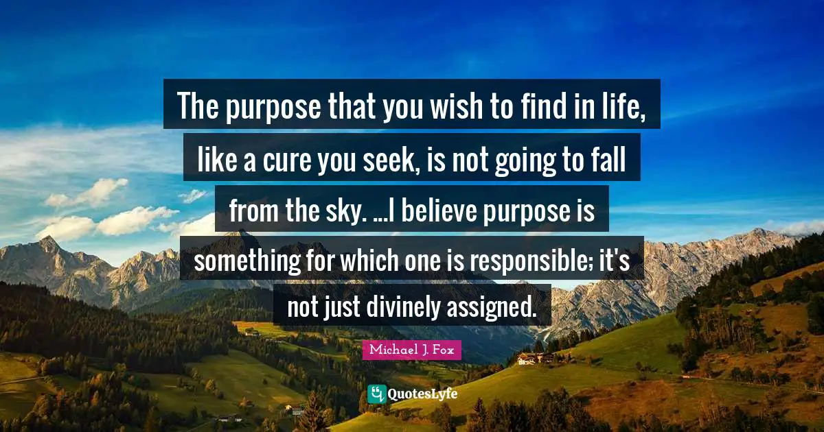 Michael J. Fox Quotes: "The purpose that you wish to find in life, like a cure you seek, is not going to fall from the sky. ...I believe purpose is something for which one is responsible; it's not just divinely assigned."