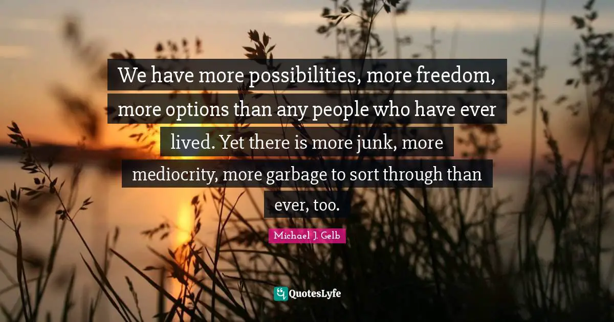 We have more possibilities, more freedom, more options than any people who have ever lived. Yet there is more junk, more mediocrity, more garbage to sort through than ever, too.