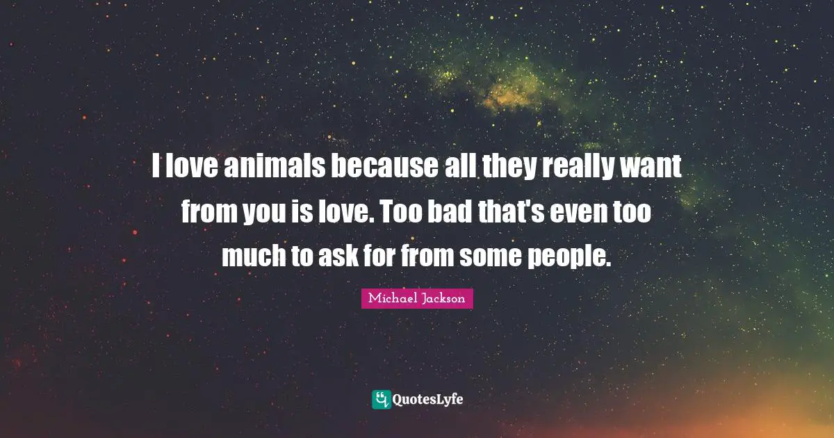 I love animals because all they really want from you is love. Too bad that's even too much to ask for from some people.