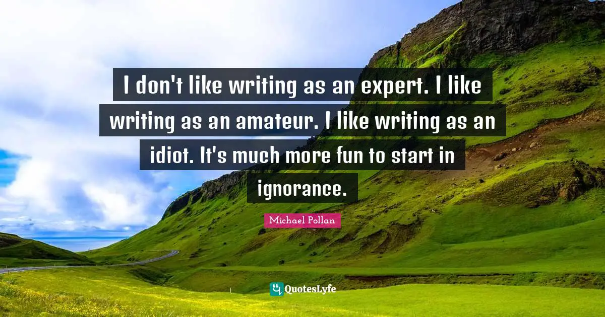 I don't like writing as an expert. I like writing as an amateur. I like writing as an idiot. It's much more fun to start in ignorance.