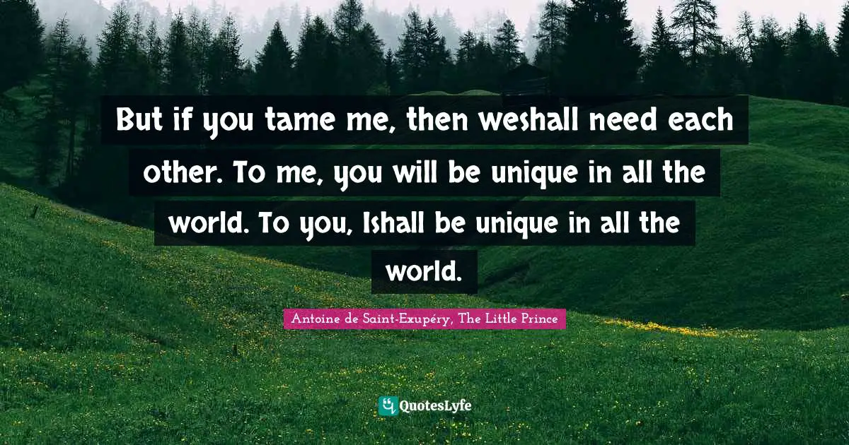 But if you tame me, then weshall need each other. To me, you will be unique in all the world. To you, Ishall be unique in all the world.