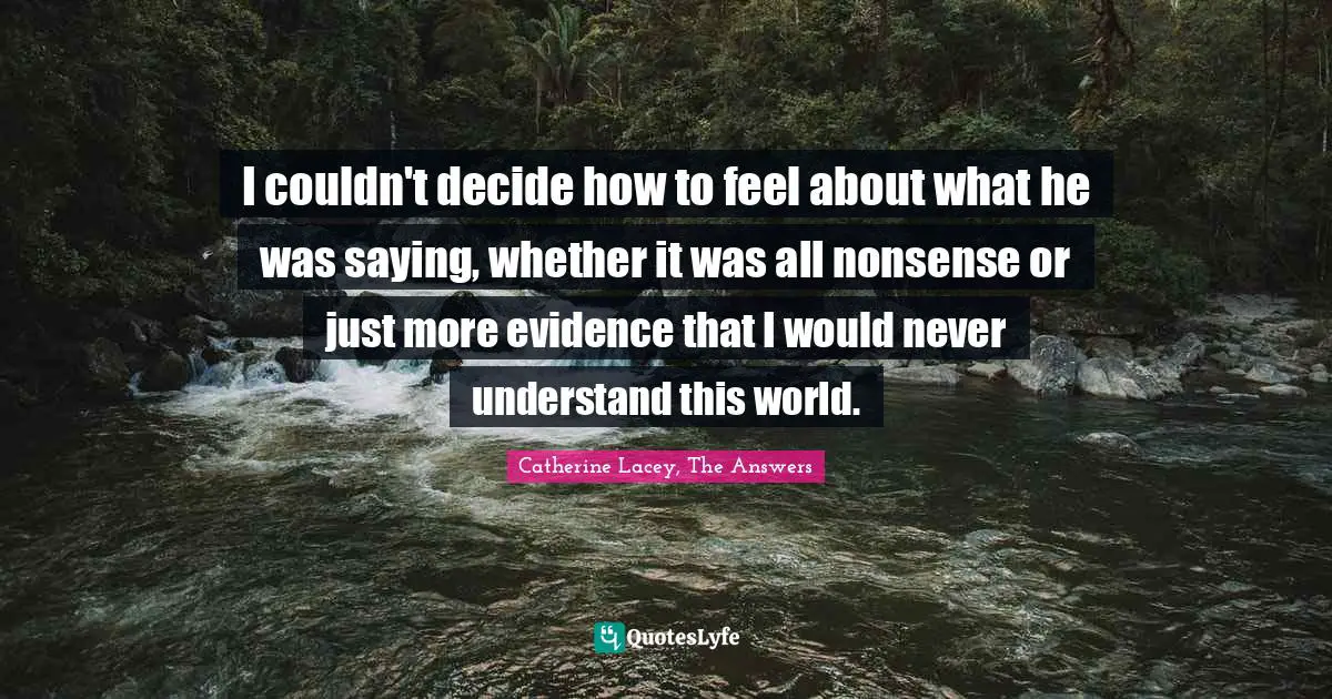 I couldn't decide how to feel about what he was saying, whether it was all nonsense or just more evidence that I would never understand this world.