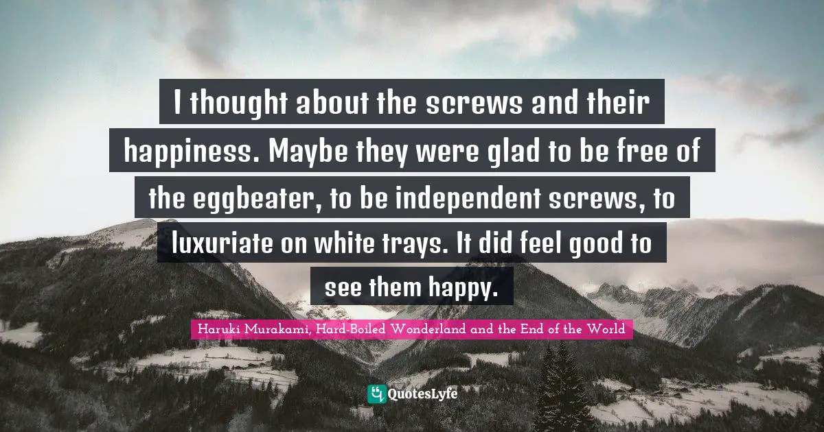 I thought about the screws and their happiness. Maybe they were glad to be free of the eggbeater, to be independent screws, to luxuriate on white trays. It did feel good to see them happy.