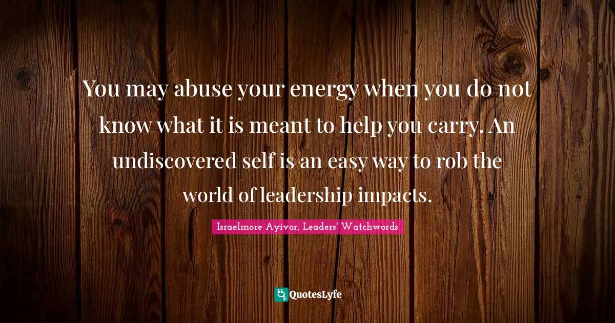 What Is Your Purpose Quotes: "You may abuse your energy when you do not know what it is meant to help you carry. An undiscovered self is an easy way to rob the world of leadership impacts."