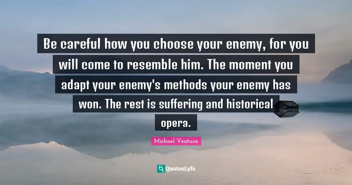Be careful how you choose your enemy, for you will come to resemble him. The moment you adapt your enemy's methods your enemy has won. The rest is suffering and historical opera.