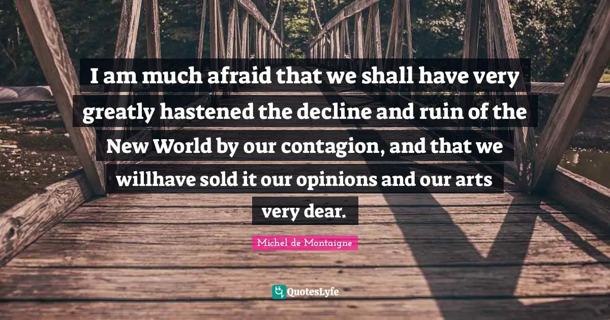 I am much afraid that we shall have very greatly hastened the decline and ruin of the New World by our contagion, and that we willhave sold it our opinions and our arts very dear.