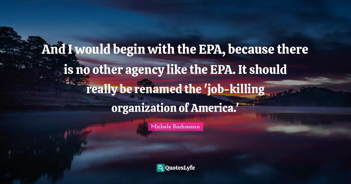 And I would begin with the EPA, because there is no other agency like the EPA. It should really be renamed the 'job-killing organization of America.'