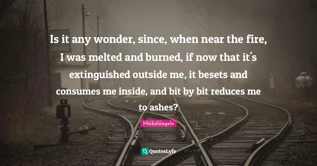 Is it any wonder, since, when near the fire, I was melted and burned, if now that it's extinguished outside me, it besets and consumes me inside, and bit by bit reduces me to ashes?