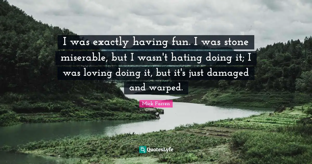 I was exactly having fun. I was stone miserable, but I wasn't hating doing it; I was loving doing it, but it's just damaged and warped.
