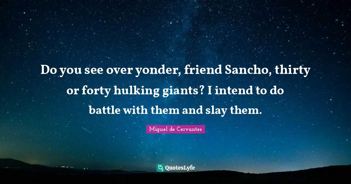 Do you see over yonder, friend Sancho, thirty or forty hulking giants? I intend to do battle with them and slay them.