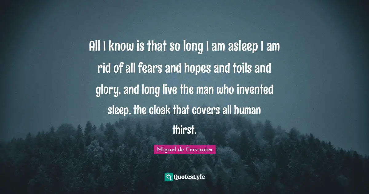 All I know is that so long I am asleep I am rid of all fears and hopes and toils and glory, and long live the man who invented sleep, the cloak that covers all human thirst.