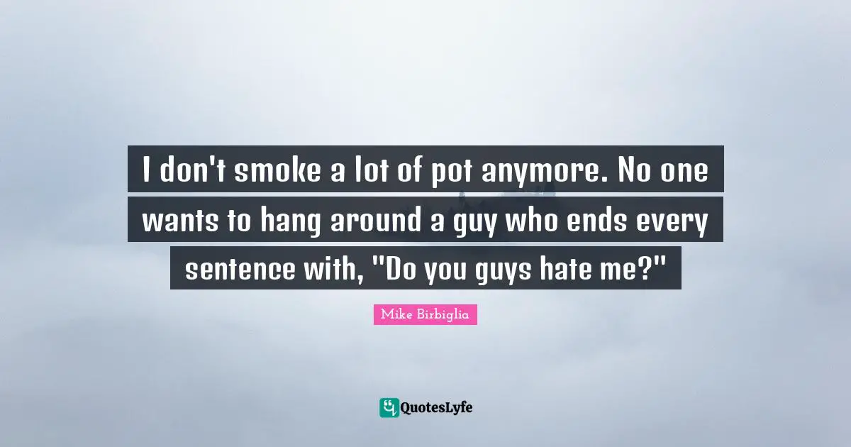I don't smoke a lot of pot anymore. No one wants to hang around a guy who ends every sentence with, "Do you guys hate me?"