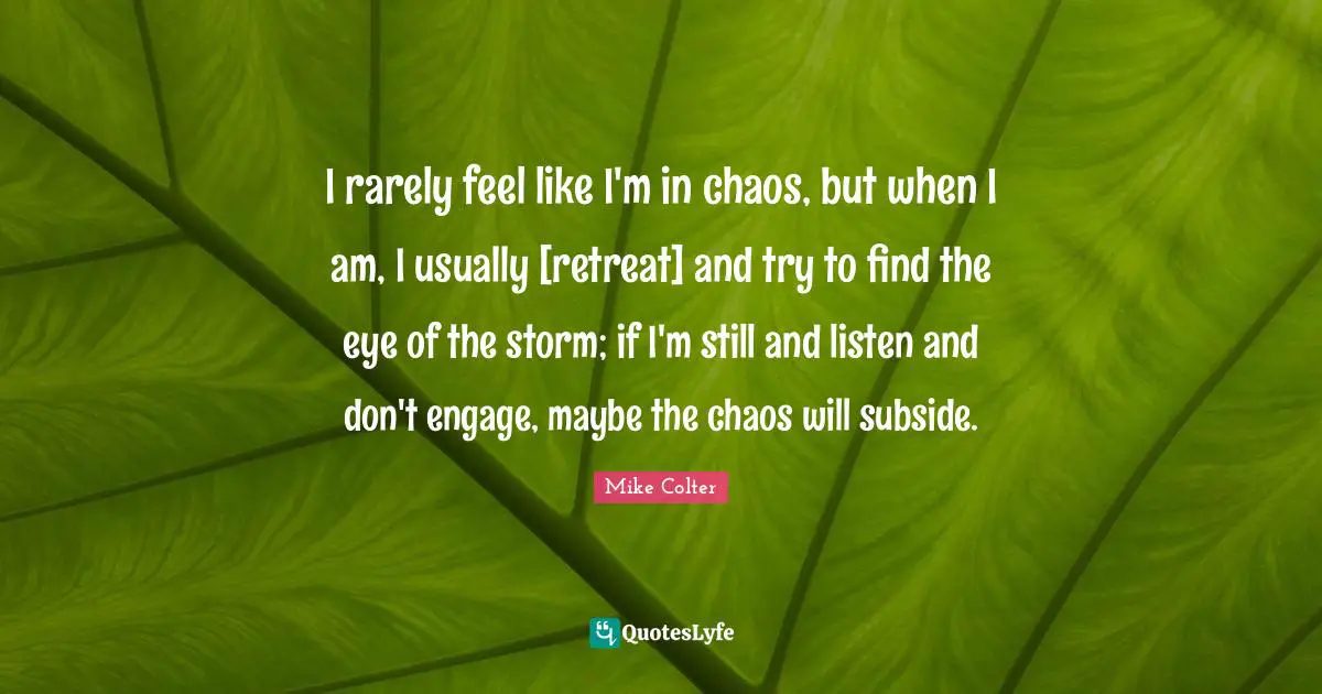 I rarely feel like I'm in chaos, but when I am, I usually [retreat] and try to find the eye of the storm; if I'm still and listen and don't engage, maybe the chaos will subside.