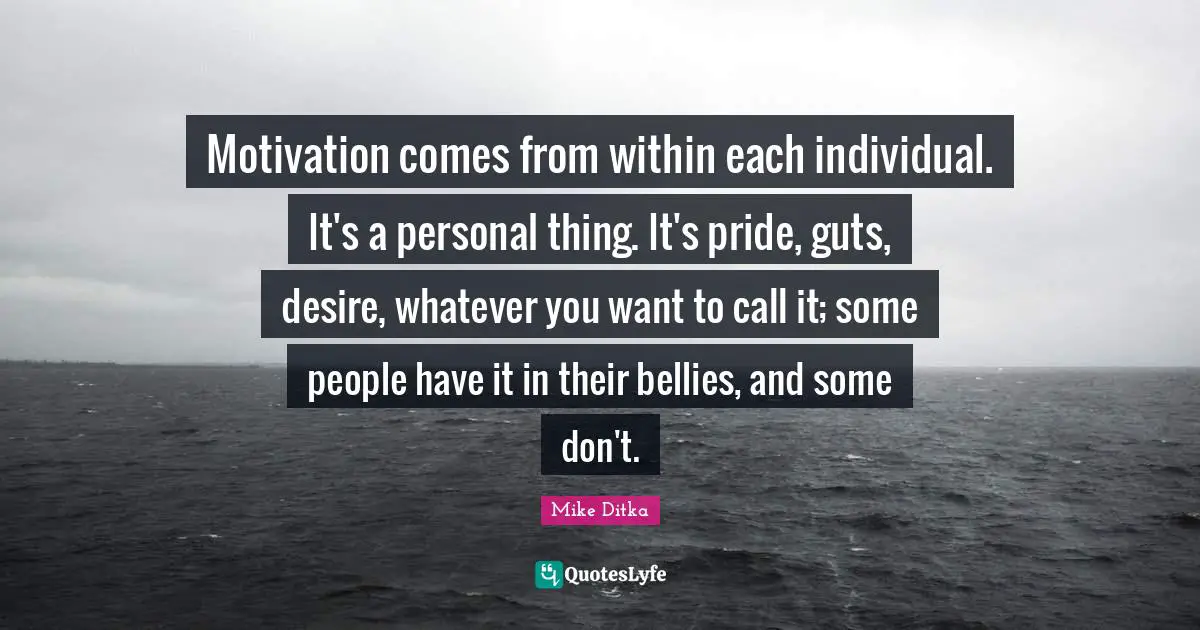 Guts Quotes: "Motivation comes from within each individual. It's a personal thing. It's pride, guts, desire, whatever you want to call it; some people have it in their bellies, and some don't."