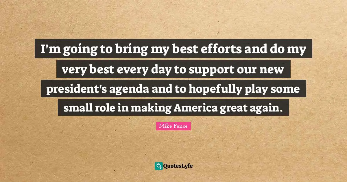 I'm going to bring my best efforts and do my very best every day to support our new president's agenda and to hopefully play some small role in making America great again.