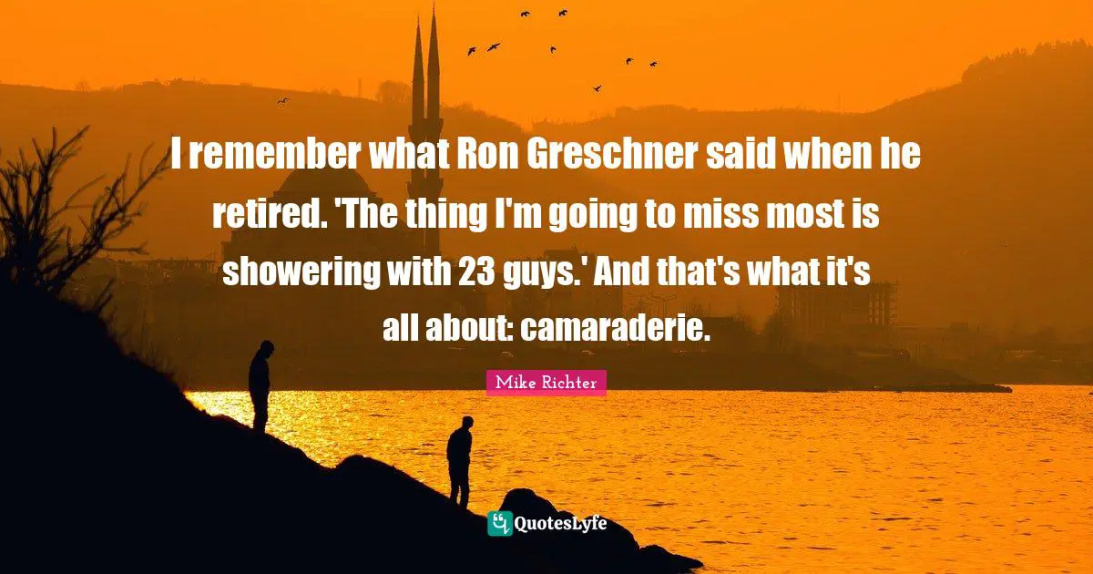 W. D. Richter Quotes: "I remember what Ron Greschner said when he retired. 'The thing I'm going to miss most is showering with 23 guys.' And that's what it's all about: camaraderie."