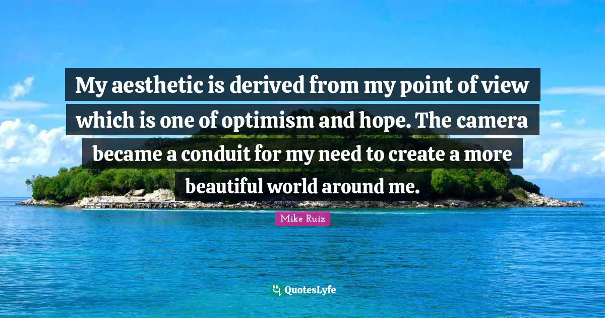 My aesthetic is derived from my point of view which is one of optimism and hope. The camera became a conduit for my need to create a more beautiful world around me.