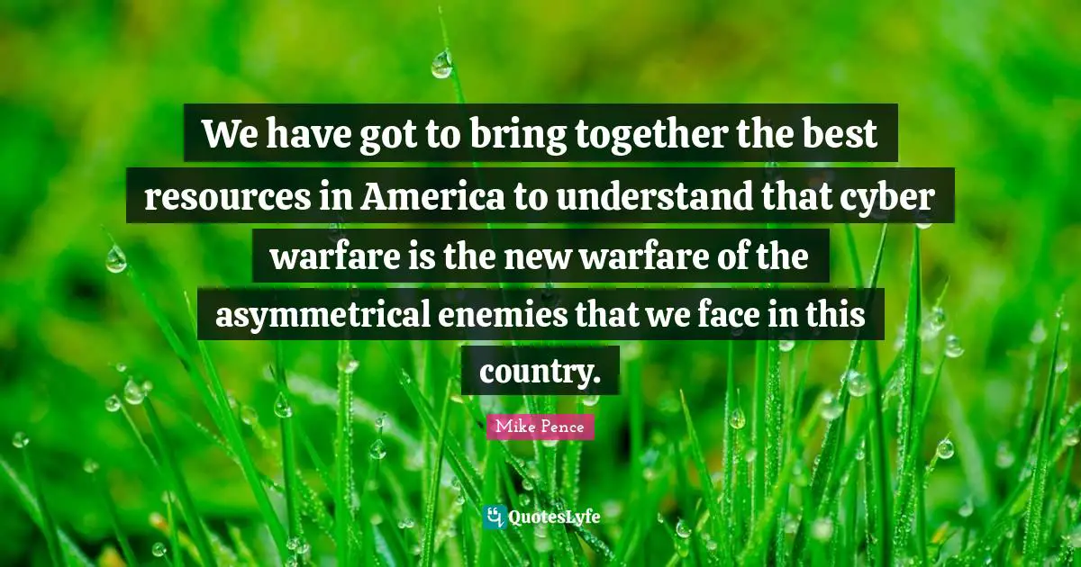 We have got to bring together the best resources in America to understand that cyber warfare is the new warfare of the asymmetrical enemies that we face in this country.