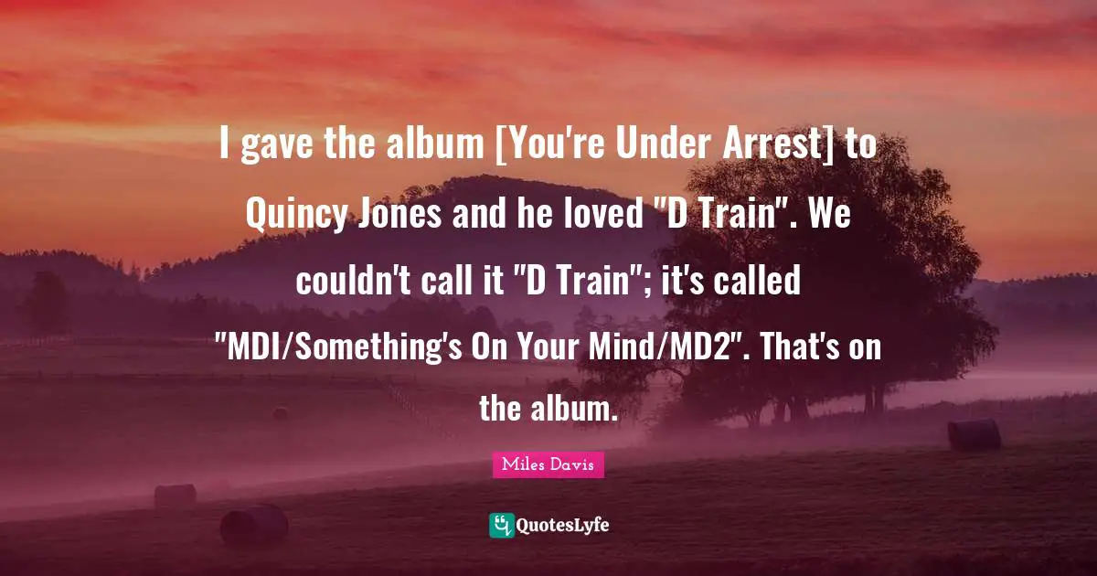 I gave the album [You're Under Arrest] to Quincy Jones and he loved "D Train". We couldn't call it "D Train"; it's called "MDI/Something's On Your Mind/MD2". That's on the album.