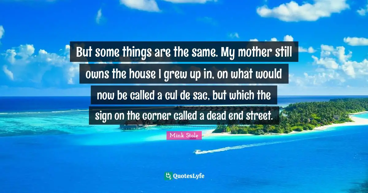 But some things are the same. My mother still owns the house I grew up in, on what would now be called a cul de sac, but which the sign on the corner called a dead end street.