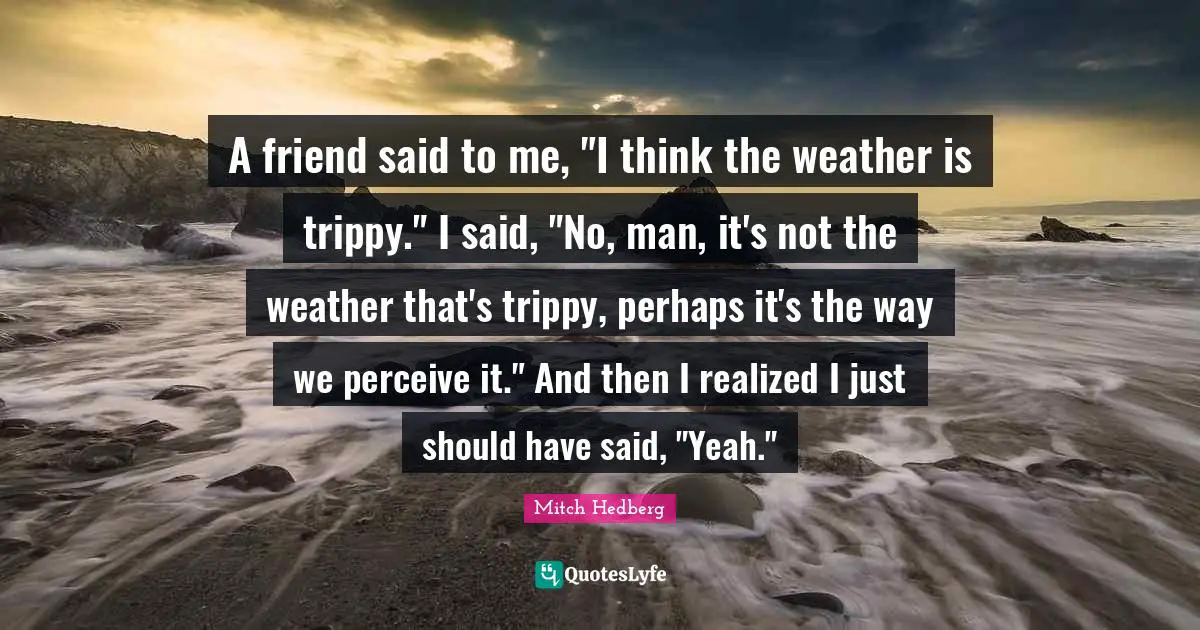 A friend said to me, "I think the weather is trippy." I said, "No, man, it's not the weather that's trippy, perhaps it's the way we perceive it." And then I realized I just should have said, "Yeah."
