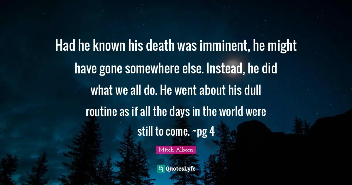 Had he known his death was imminent, he might have gone somewhere else. Instead, he did what we all do. He went about his dull routine as if all the days in the world were still to come. ~pg 4