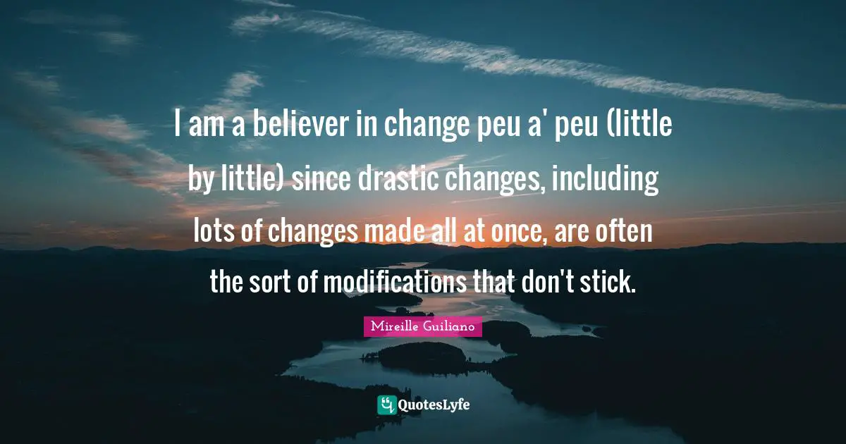 I am a believer in change peu a' peu (little by little) since drastic changes, including lots of changes made all at once, are often the sort of modifications that don't stick.