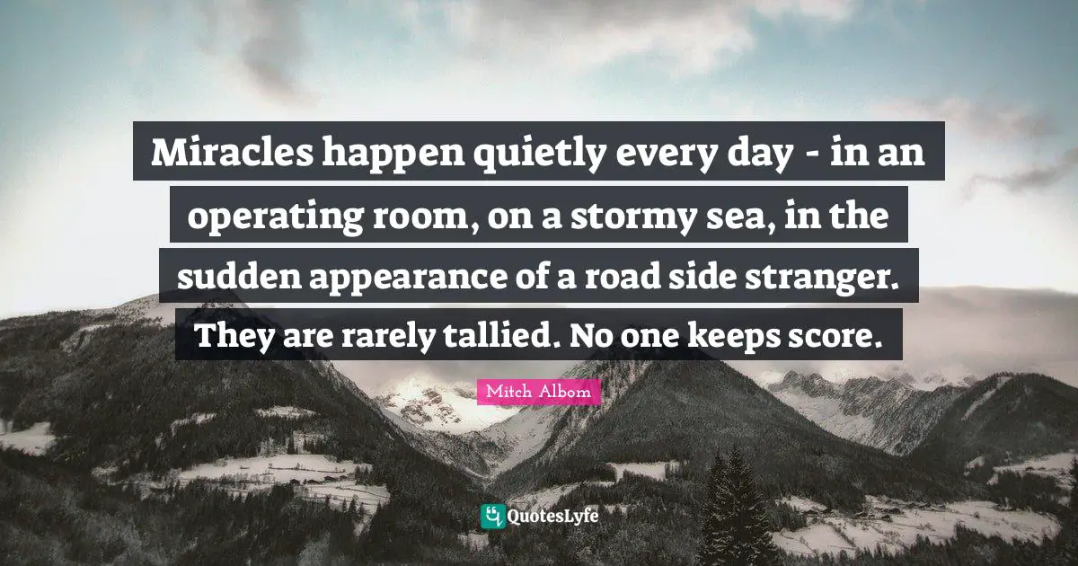 Miracles happen quietly every day - in an operating room, on a stormy sea, in the sudden appearance of a road side stranger. They are rarely tallied. No one keeps score.