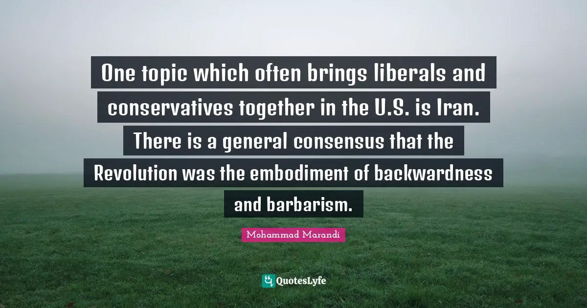 Embodiment Quotes: "One topic which often brings liberals and conservatives together in the U.S. is Iran. There is a general consensus that the Revolution was the embodiment of backwardness and barbarism."