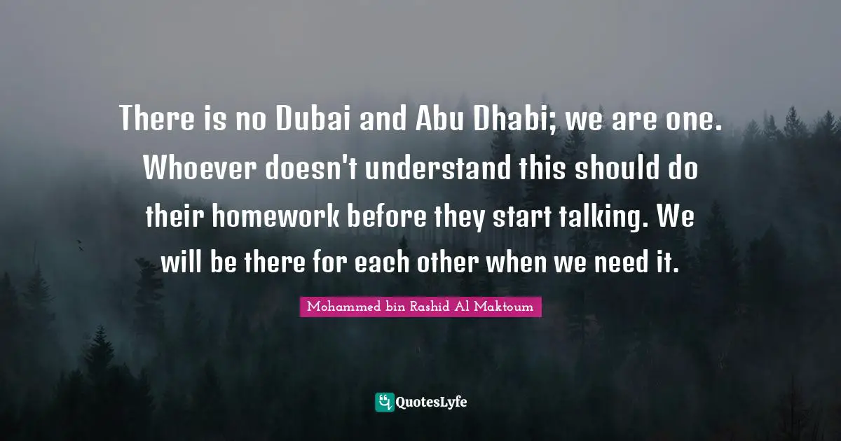There is no Dubai and Abu Dhabi; we are one. Whoever doesn't understand this should do their homework before they start talking. We will be there for each other when we need it.