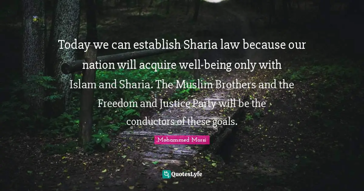 Today we can establish Sharia law because our nation will acquire well-being only with Islam and Sharia. The Muslim Brothers and the Freedom and Justice Party will be the conductors of these goals.