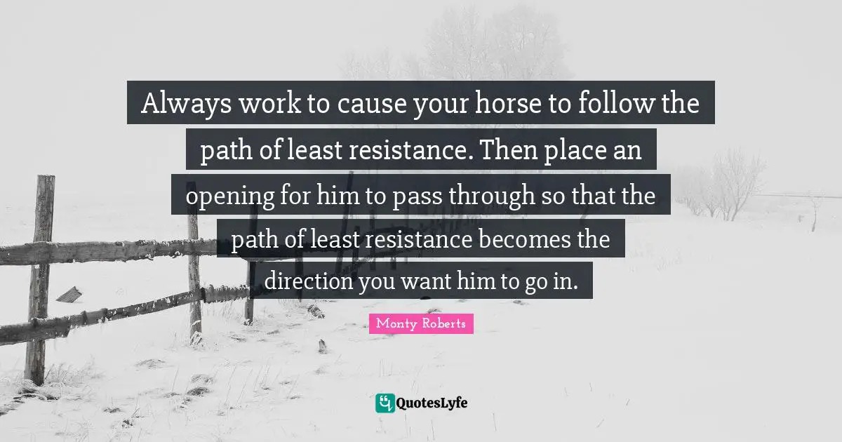 Always work to cause your horse to follow the path of least resistance. Then place an opening for him to pass through so that the path of least resistance becomes the direction you want him to go in.