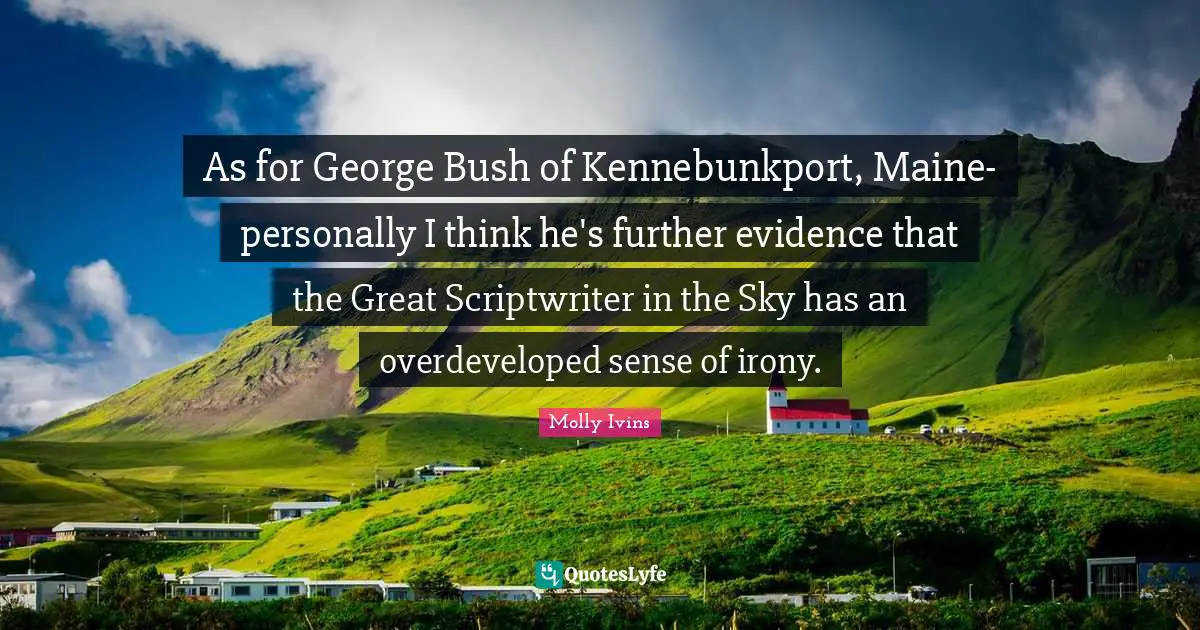As for George Bush of Kennebunkport, Maine- personally I think he's further evidence that the Great Scriptwriter in the Sky has an overdeveloped sense of irony.