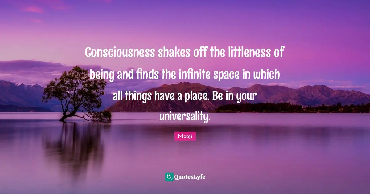 Consciousness shakes off the littleness of being and finds the infinite space in which all things have a place. Be in your universality.