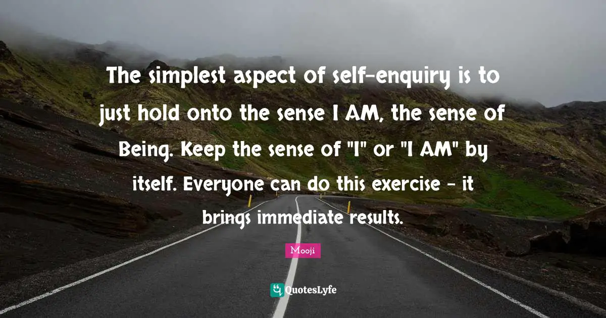 The simplest aspect of self-enquiry is to just hold onto the sense I AM, the sense of Being. Keep the sense of "I" or "I AM" by itself. Everyone can do this exercise - it brings immediate results.