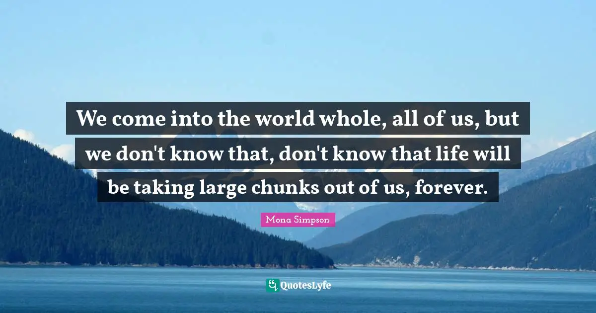 We come into the world whole, all of us, but we don't know that, don't know that life will be taking large chunks out of us, forever.