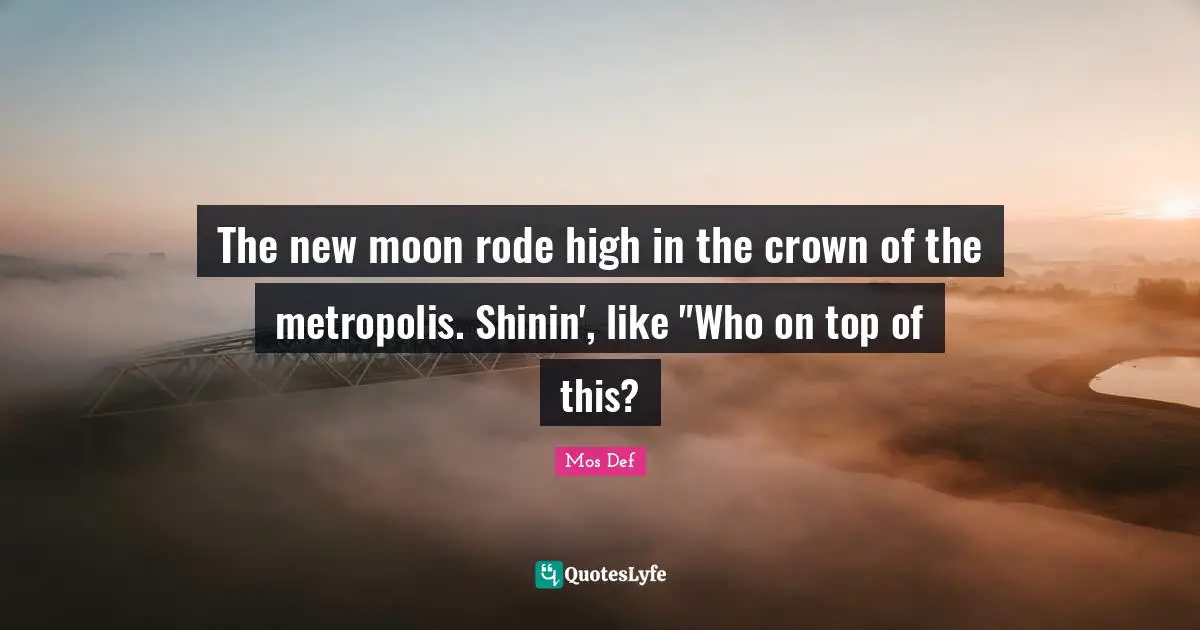 The new moon rode high in the crown of the metropolis. Shinin', like "Who on top of this?