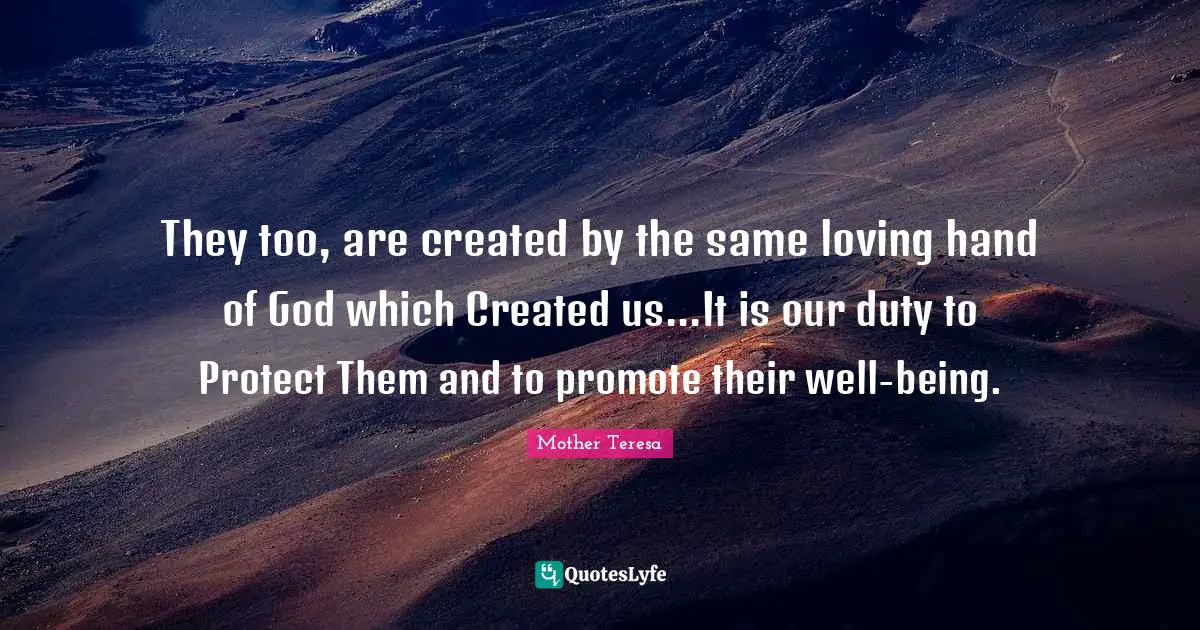 They too, are created by the same loving hand of God which Created us...It is our duty to Protect Them and to promote their well-being.