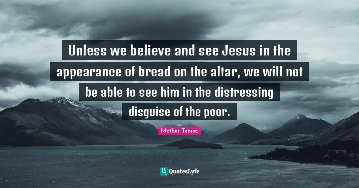 Unless we believe and see Jesus in the appearance of bread on the altar, we will not be able to see him in the distressing disguise of the poor.