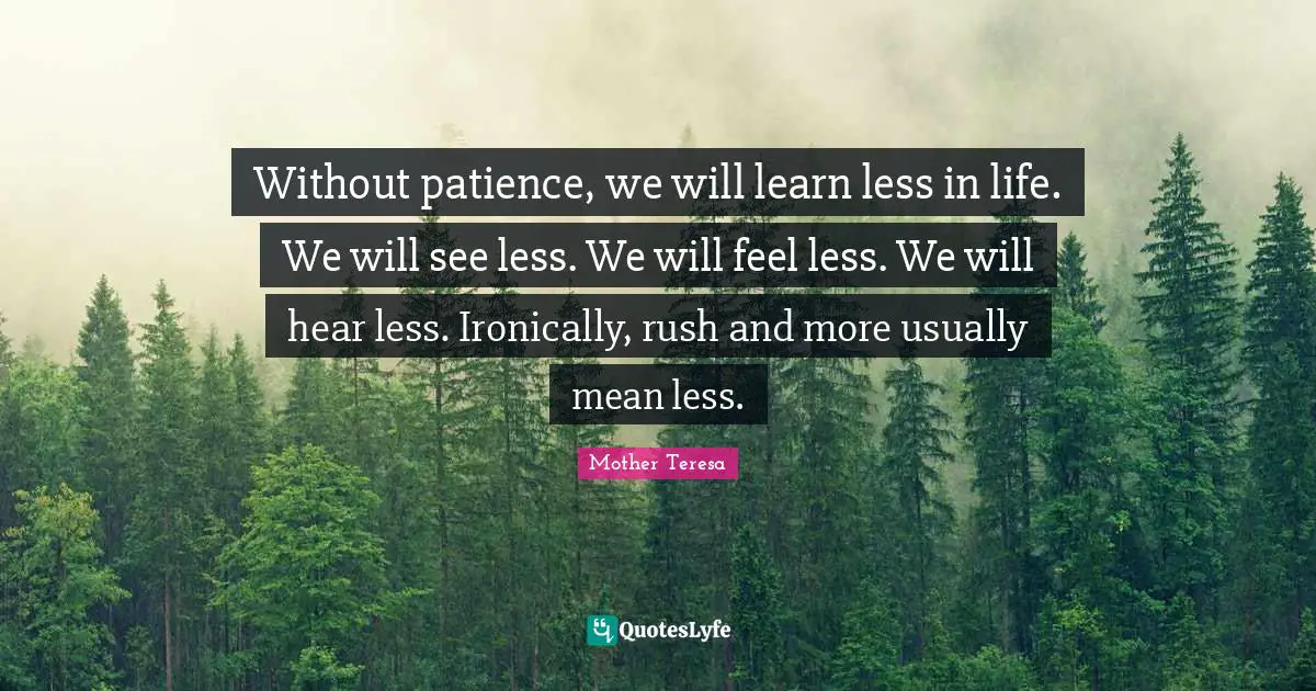 Mother Teresa Quotes: "Without patience, we will learn less in life. We will see less. We will feel less. We will hear less. Ironically, rush and more usually mean less."