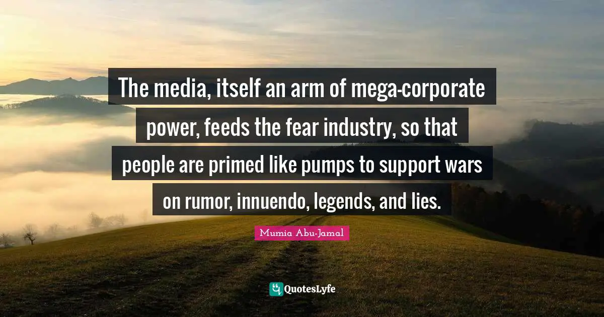 Support Quotes: "The media, itself an arm of mega-corporate power, feeds the fear industry, so that people are primed like pumps to support wars on rumor, innuendo, legends, and lies."