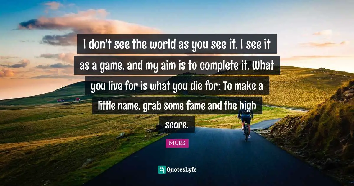I don't see the world as you see it. I see it as a game, and my aim is to complete it. What you live for is what you die for: To make a little name, grab some fame and the high score.