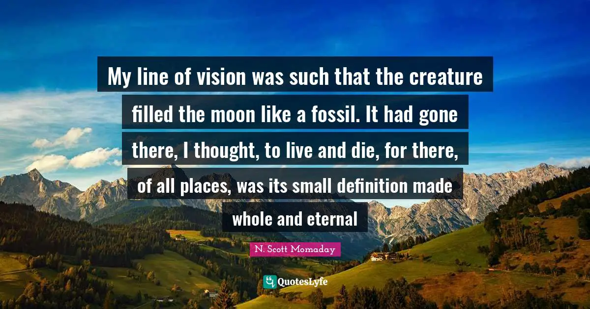 My line of vision was such that the creature filled the moon like a fossil. It had gone there, I thought, to live and die, for there, of all places, was its small definition made whole and eternal