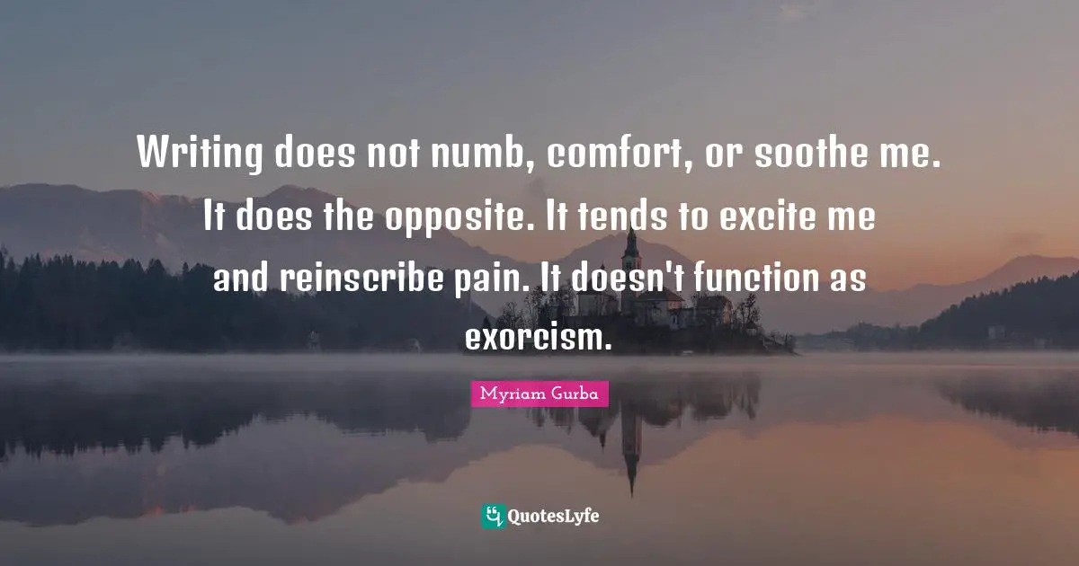 Writing does not numb, comfort, or soothe me. It does the opposite. It tends to excite me and reinscribe pain. It doesn't function as exorcism.