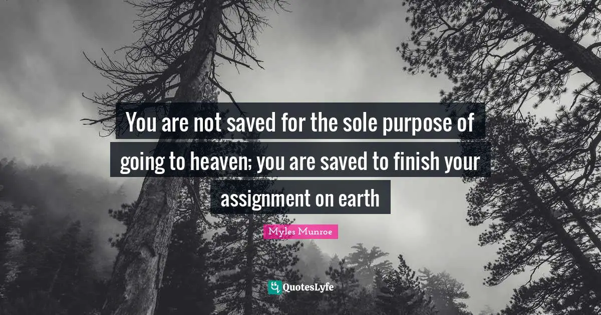 Sole Quotes: "You are not saved for the sole purpose of going to heaven; you are saved to finish your assignment on earth"